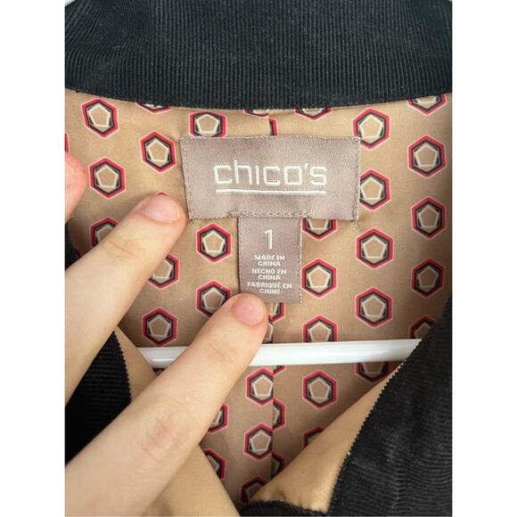 Chicos Size 1 Medium Womens Tan Coat Black Corduroy Collar Long Line NEW - Picture 2 of 5